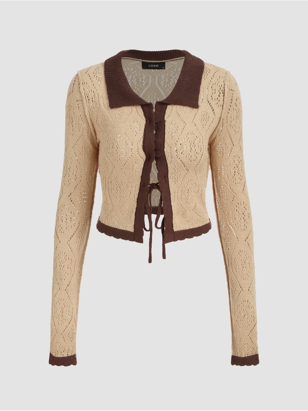 Cider Beige Knit Tie-Front Cardigan with Brown Trim